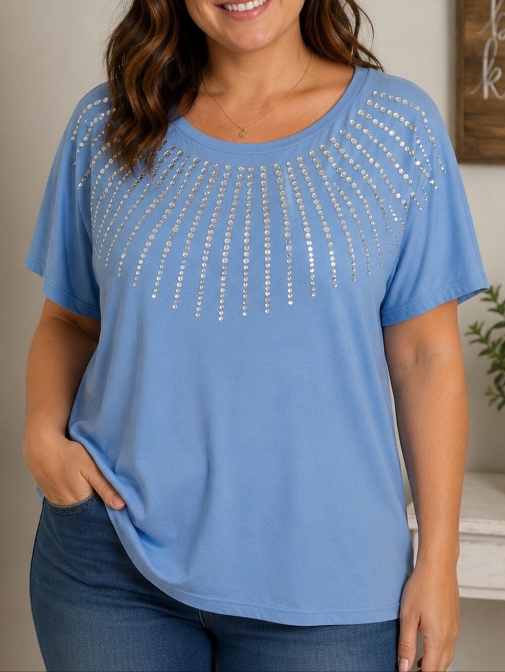 Women's Light Blue Studded Scoop Neck Top